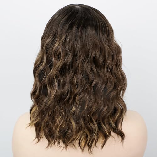 Image of AISI HAIR Synthetic Curly Bob Wig with Bangs Natural Brown with Blonde Highlight Short Wavy Hair for Women Natural Looking Heat Resistant Bob Wigs