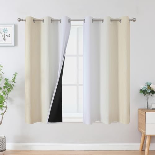 Estelar Textiler Beige and Greyish White Ombre Blackout Curtains 45 Inch Length 2 Panels, Full Room Darkening Gradient Drapes for Kitchen, Thermal Insulated Grommet Short Curtains for Bathroom,42Wx45L