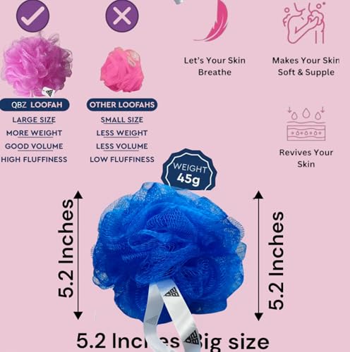 Image of QBZ Large Bath Loofah Sponge Scrubber Exfoliator for High Lather Cleansing (BLUE, 1 Count (Loofah Pauch& Loofah))