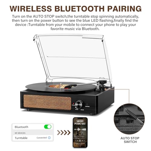 Image of Record Player for Vinyl with 2 Build-in Speakers LP Vinyl Players Belt-Driven Vintage Turntables 3 Speed 3 Size, Wireless Bluetooth Playback, AUX-in, RCA Out, Headphone, Auto Stop