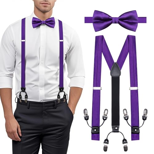 Image of YOHOWA Men Suspenders 6 Clips Strength Adjustable Y Braces Pre-Tied Bow Tie Set Formal Wedding Party