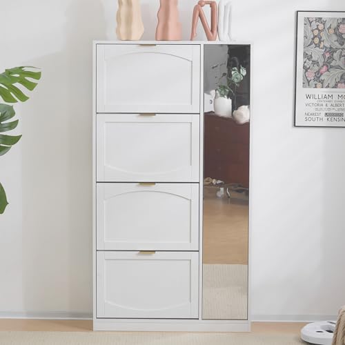 Mielvu Zapatero moderno con espejo, 4 compartimentos de almacenamiento plegables, estante ajustable detrás del espejo derecho, ideal para el pasillo, tamaño: 80 x 147 x 24 cm, color blanco