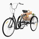 26 Zoll 6-Gang Erwachsene Dreirad, 3 Räder Fahrrad Erwachsene Outdoor-Aktivitäten Tricycle Dreirädriges Fahrrad Senioren Städtisches mit Einkaufskorb, 120kg Tragfähigkeit für Städte Radwege Schwarz