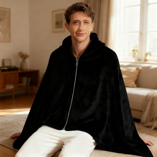 ZCJ Poncho Damen Winter - Dicker Fleece Umhang mit Reißverschluss als kuschelige Decke & warme Bettjacke für Büro, Reise, Couch, Schwarz 150X80CM