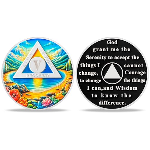 deDecoml 5 Year Sobriety Coin - Lake Triangle Medallions and Sobriety Chips - Ideal Alcoholics Anonymous Sobriety Gifts for Men & Women Celebrating Recovery and Serenity