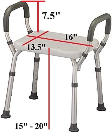 Miniatura 2 de HEALTHLINE Banco de ducha ajustable con brazos, asiento de baño ligero con asas acolchadas, altura de 15 a 20 pulgadas, asiento de plástico blanco