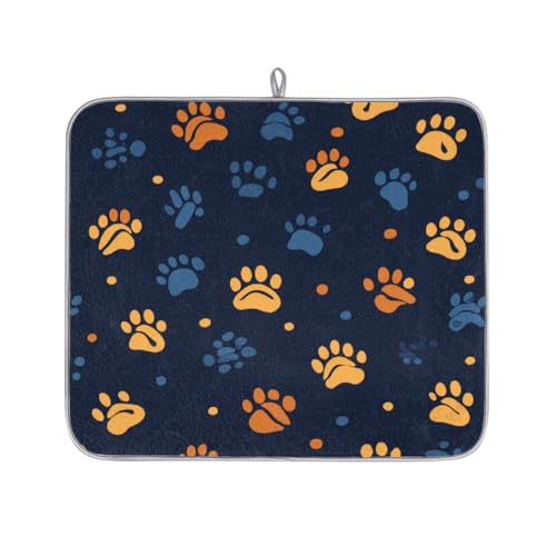 Axurera Tapete de secado de platos con estampado de huellas de perro en azul oscuro para encimera de cocina, tapete escurridor de platos absorbente, lavable para escurridores de encimera, 46 x 41 cm