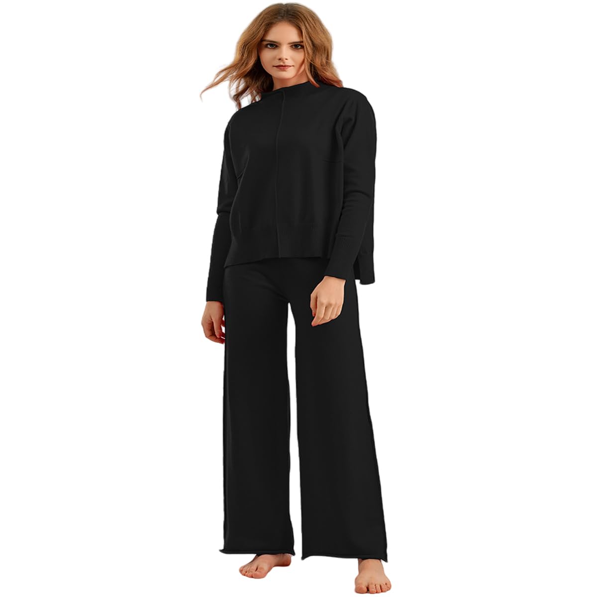 Conjunto Punto Mujer 2 Piezas Conjunto de Salón de Manga Larga Color Sólido