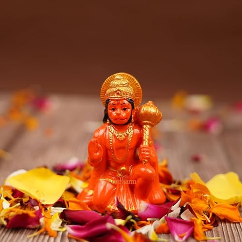 zig zag Hanuman Ji Idol in Blessing Posture with Gada Sitting Lord Balaji Bajrangbali Sankat Mochan Bhagwan Idol for Temple Car Dashboard Home Decor Statue Gift 8L x 6W x 6H cm Orange