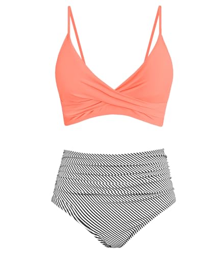 Image of Amy Babe Women's High Waisted Bikini Sets Push Up Twist Front Spaghetti Straps Ruched Two Piece Swimsuit Bathing Suit
