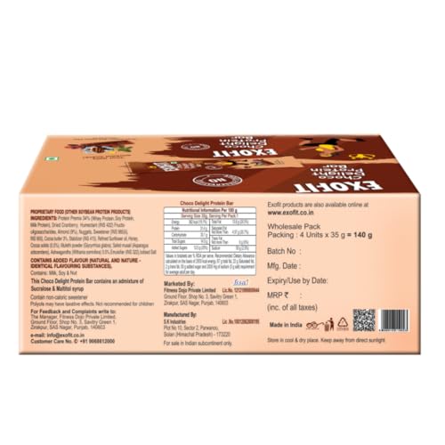 Image of Exofit Choco Delight Protein Bar - 35g x 4 Bar (140g Total) | High Protein Blend, Low Calorie,High Fiber, No Preservatives & Sugar| Healthy Protein Snack for Gym & Weight Management