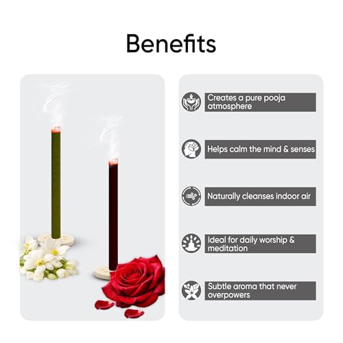 Image of Dhoop Sticks Pack of 2 (Rose and Mogra) I 80 Long Sticks I No Bamboo I No Charcoal I Puja Dhoop Sticks with Dharma Rath Chakra Dhoop Stand
