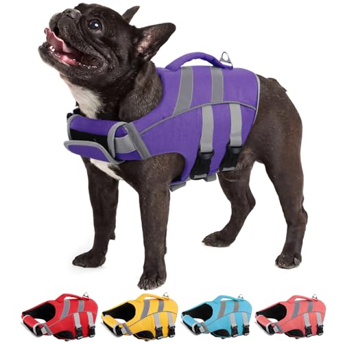 Kuoser Life Jacket with Reflective Stripes, Adjustable High Visibility Dog Vest Ripstop Lifesaver Pet Life Preserver for Small Medium and Large Dogs XS (Chest Girth:12.9-18.1'') 3#Purple
