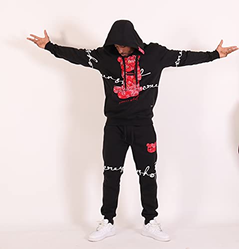 Screenshot-H1122 Mens Urban Hip Hop Premium Fleece Hoodie - Head Lifting Paisley Cartoon Teddy Bear Fashion Hooded Sweatshirt-Black/Red-Medium #TOP1