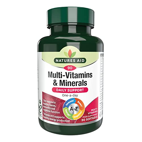 Natures Aid Multivitamins & Minerals with Iron High Strength One-a-Day Multi-Vitamin Formula Supports Energy Immunity & Bone Health Non-GMO Gluten-Free 90 Easy-Swallow Softgel Capsules