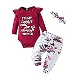 Stile: Baby-Langarm-Bodysuit und die Ärmel sind gekräuselt, sehr süß und lustig. Brieftop + geblümte Hose mit Schleifenstirnband, Ihr Baby wird wunderschön aussehen