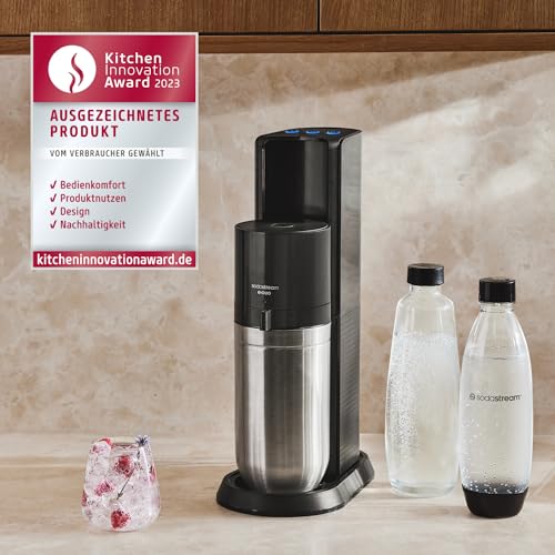 SodaStream elektrischer Wassersprudler E-DUO mit Quick-Connect CO2-Zylinder| inkl. 1x 1L Glasflasche und 2x 1L FUSE Kunststoffflasche (spülmaschinengeeignet) | Farbe: Titan