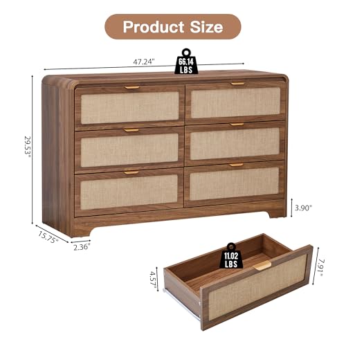 Image of 48 inch Modern 6 Drawer Dresser for Kids Bedroom, Mid Century Wooden Dresser Chest of Drawers with Natural Linen, Curved Profile Closet Clothes Storage Organizer for Living Room, Nursery,Walnut