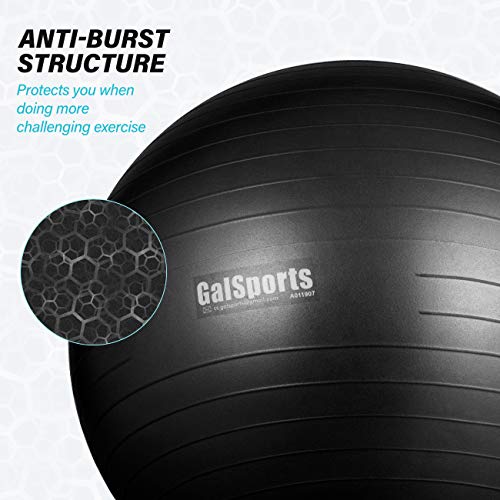 GalSports Exercise Ball (45cm-75cm), Anti-Burst Yoga Ball Chair with Quick Pump, Stability Fitness Ball for Birthing & Core Strength Training & Physical Therapy (Black, XL (68-75cm)) - Thumbnail 5