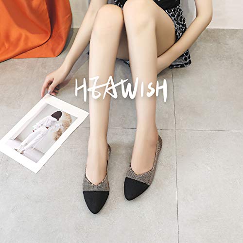 HEAWISH Women's Ballet Flats for Women Pointed Toe Slip On Black Brown Comfortable Mesh Dress Shoes(Black Brown, US8)