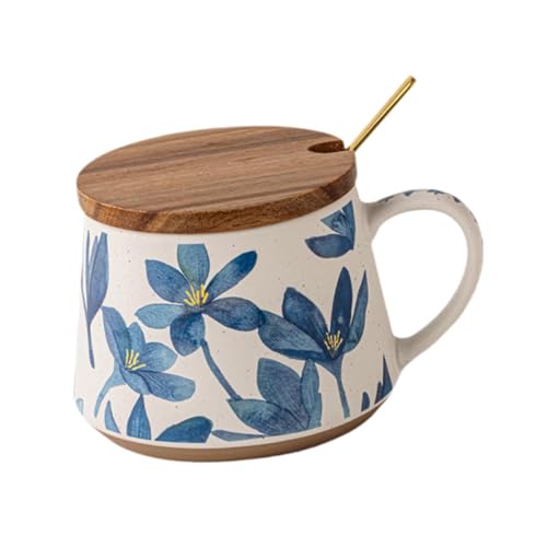 MERIGLARE コーヒー紅茶ドリンク用フラワーセラミックマグカップ ヴィンテージスタイル 精巧な職人技 コーヒーティーカップ 友人兄弟へのブルーフラワーマグカップ, 蓋付きスプーン