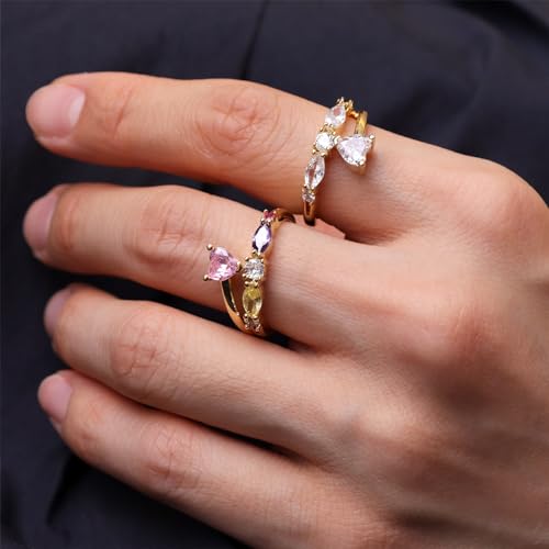 Sonateomber Gold Pink Heart Adjustable Statement Love Ring for Women Trendy Cute Purple CZ Open Stackable Ring Prom Wedding Jewelry Gift3