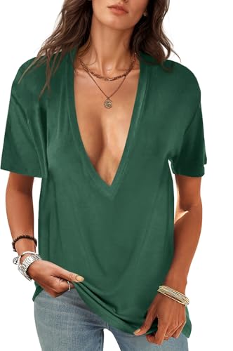 Image of UNCLECAT Womens Deep V Neck T Shirts Summer Oversized Short Sleeve Tops | V Neck, Sexy, Solid, Loose Fit, Casual, Trendy, Going Out, Daily Wear, Workout