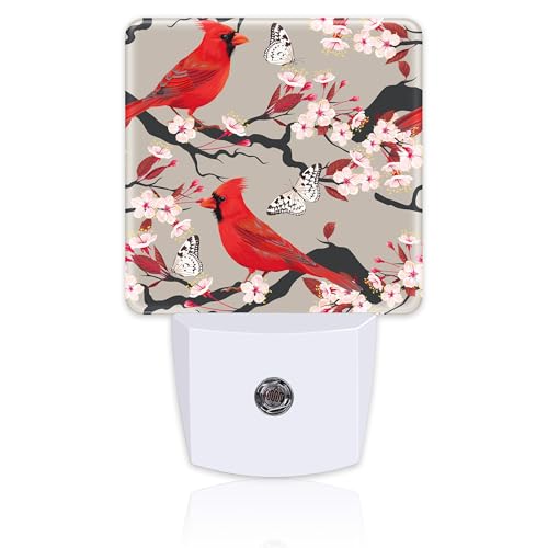 Image of Red Cardinal with Cherry Blossoms Night Light for Kids,Pink Spring Floral Bird Night Light Plug in with Dusk to Dawn Sensor,0.5w Energy Saving Nightlight for Hallway Stairway Kitchen Bedroom