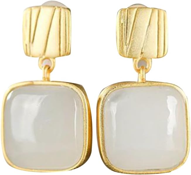 S925 Silver And Gold Plated With Natural White Jade Square Earrings 2 for Women Yoga Genuine