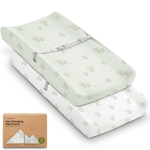 Image of 2-Pack Baby Changing Pad Cover for Girl, Boy - 32x16 Soft Viscose Derived from Bamboo Baby Diaper Changing Table Pad Cover Sheets, Neutral, Snug Fit Nursery Diaper Change Sheets (Elly)