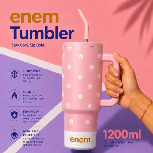 Image of enem Tumbler, Petal Pink Pop, Tumbler with Metal Straw, Sipper, with Lid Leak Proof, 1 Metal Ice Cube, 1 Copper Spring (Tamba), Base Protector, Mug Travel, 1.2L