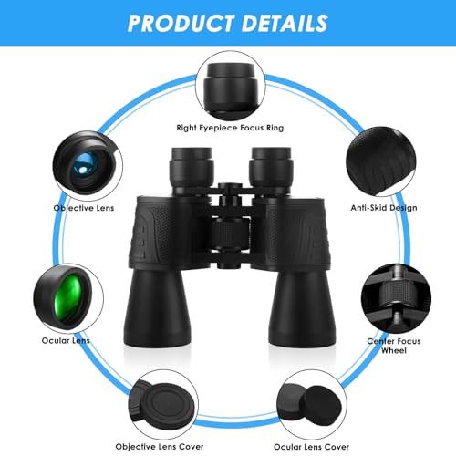 ZAKULU 10x50 High Powered Binoculars for Adults - Large View Waterproof Binoculars with Low Light Vision BAK-4 Prism FMC Lens for Bird Watching Hunting Football Games Travel Stargazing Cruise, Black