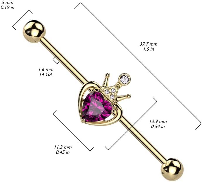 14G Industrial Stainless Steel Barbell with Royal Crown & Purple Heart Gem - 14 Gauge Cartilage Industrial Ear Piercing Jewelry
