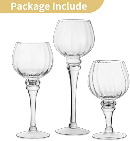 Nuptio Tealight Candle Holder 3 Pcs Tall Glass Candle Holders Bulk for Tea Light Floating & Pillar Candles Clear Long Stem Table Centerpiece for Christmas Wedding Party Fireplace Decorations