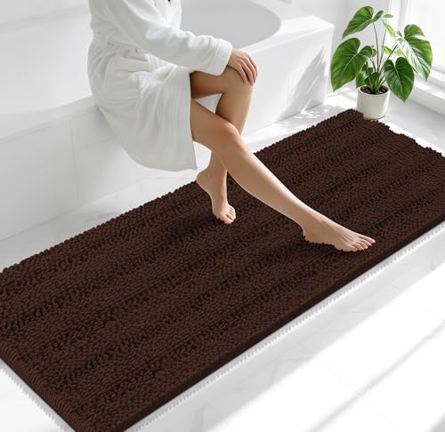 Image of Smiry Thick Chenille Bathroom Runner Rugs 70x24, Absorbent Bath Mat, Brown | Quick‑Dry & Machine Washable, Non‑Slip Bath Carpet, Soft Striped Bath Rugs for Tub & Shower, Modern Home Decor Accessories