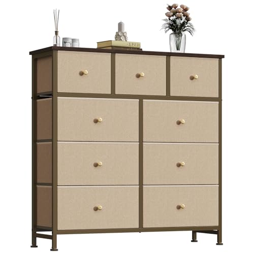 Image of OLIXIS 9 Drawer Storage Dresser with Wood Top - Wide Fabric Chest Organizer for Bedroom, Closet, Living Room,Tower Cabinet, TV Stand, Hallway Entryway Furniture,Khaki