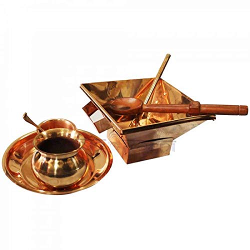 Image of HC- Copper Made Havan Kund with Woodn & Brass Spoon, Achmani Panchu Patra Combo Set for Havan Yagna Pooja-Vrindavan