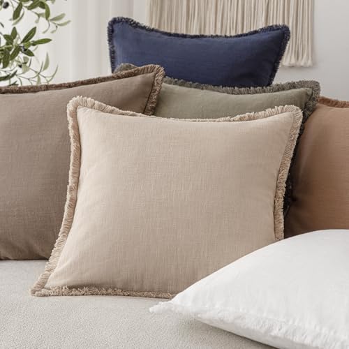 Image of Foindtower Set of 2 Decorative Linen Fringe Throw Pillow Covers Boho Farmhouse Cushion Cover with Tassels Accent Pillowcase for Couch Chair Sofa Bed Living Room Home Bedroom Decor,12x24 Inch,Tan Beige