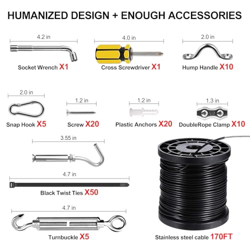 BLIKA String Light Hanging Kits, 170FT Coated Stainless Steel 304 Wire Rope, Outdoor Light Guide Wire, Globe String Light Suspension Kit Included Turnbuckles, Enough Accessories, Use Manual