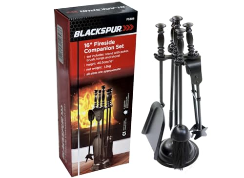 Blackspur FS308 16 Fireside Companion Set - 5 Piece Cast Iron Kit - Fireplace Tool Accessories - Black