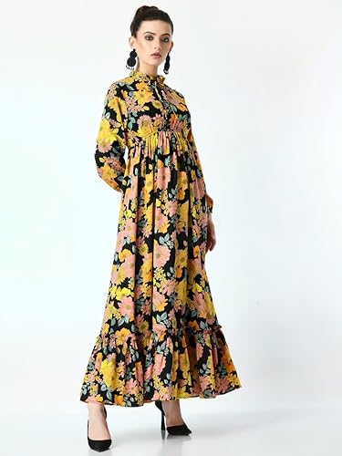 Image of KZULLY | Floral Printed Maxi Dresses for Women | Long Sleeve Beautiful Floral Patterns | Stylish and Elegant Dress | Tie Neck