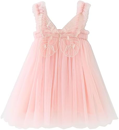 Baby Girls Layered Tulle Tutu Dress Toddler Tulle Dresses Infant Tulle Sundress Set with Angel Wings Light Pink 6-9 Months