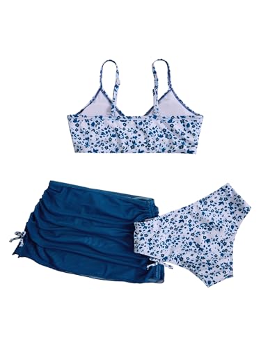 Image of COZYEASE Girls' 3 Piece Set Floral Print Bikini Swimsuit with Drawstring Beach Skirt Cute Ruched Bathing Suit