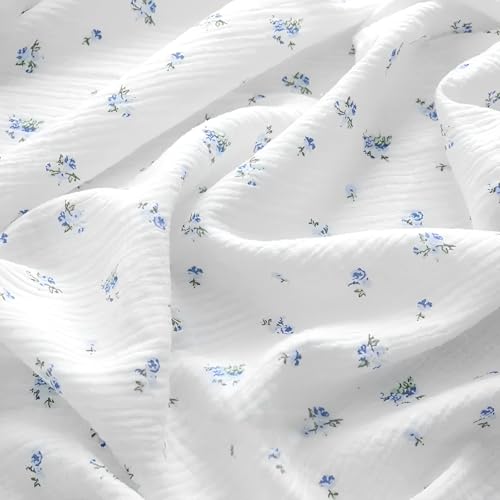 LaSilk Double Gauze Cotton Fabric by the Yard - 100% Cotton Muslin Fabric for DIY Craft & Sewing Material Like Dress Towel Bedding Sets Cheesecloth Boho Table Runner Fabric (Blue Floral 1 Yard)