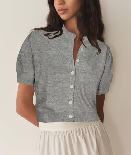 Image of Womens Puff Short Sleeve Cardigan Sweaters Cropped Button up Lightweight Y2k Knit Summer Cardigans