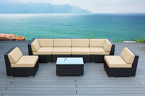 Fully Assembled Ohana Outdoor Patio Furniture with Weather-Resistant Cushions, Oversize 7-Piece All-Weather Aluminum Wicker Sectional Set (Sunbrella Antique Beige)