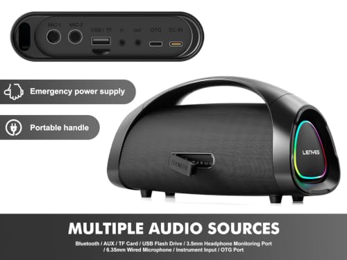 Image of Lenyes S873 Bluetooth Party Speaker with Auracast Technology, 400W Peak Power, Karaoke Speaker with 2 Wireless UHF Mics, 30000mAh Battery, 60W Fast Charging, IPX6, RGB Lights Guitar Input, App Control