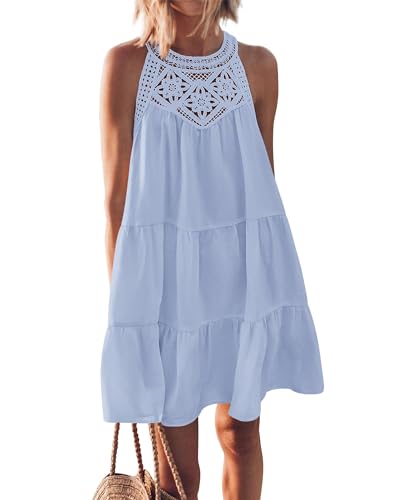 KIRUNDO Women Summer Halter Sundress 2026 Spring Casual Sleeveless Boho A Line Mini Beach Vacation Dress Cruise Resort Wear(Medium, Light Blue)