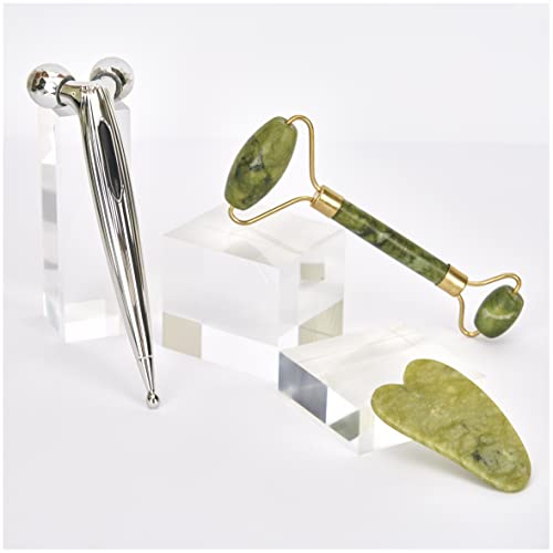 Masajeador Facial y Corporal 3 en 1 Relajante Muscular. Rodillo facial Kit de Masaje Reafirmante Reductor Grasa y Antiarrugas. Masajeador 3D Rodillo Jade Auténtico y Piedra Gua Sha
