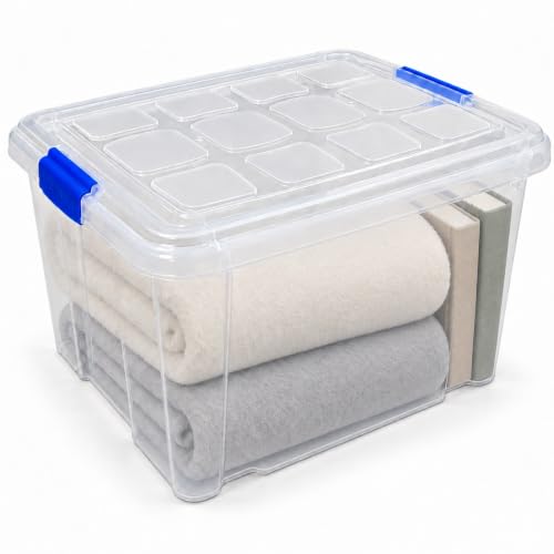 Cubo de almacenaje con tapa, Contenedor de plástico para almacenar libros, ropa, mantas, 42 x 36 x 25 cm, 25 litros de capacidad